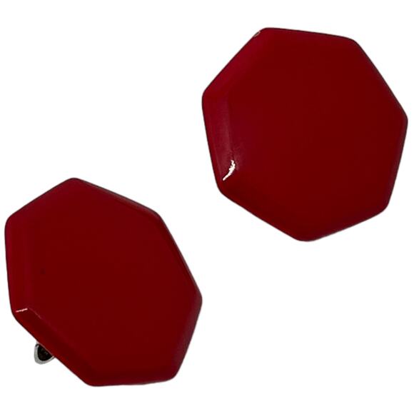 Vintage Red Hexagon Metal Clip-On Stud Button Earrings - Retro 80s - Picture 6 of 10
